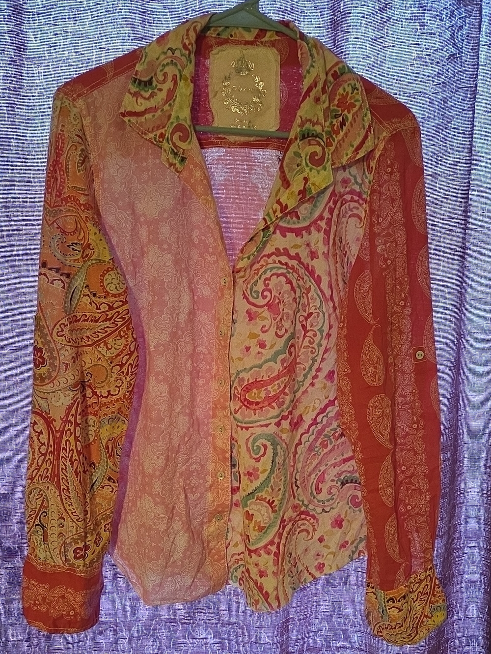 100% Cotton Paisley Panel Button-Down Shirt in Pink/Coral